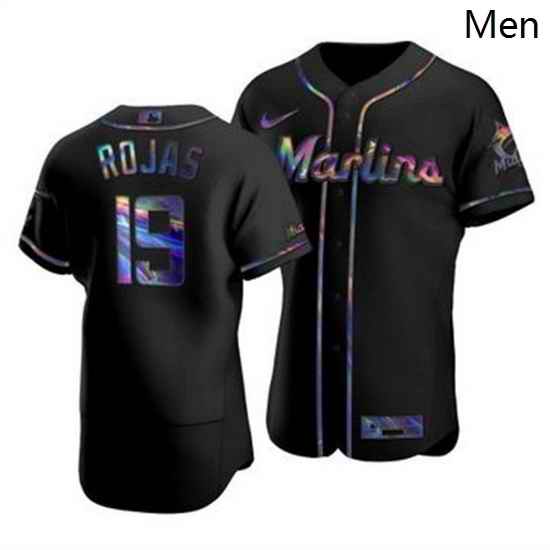 Men Miami Marlins 19 Miguel Rojas Men Nike Iridescent Holographic Collection MLB Jersey Black